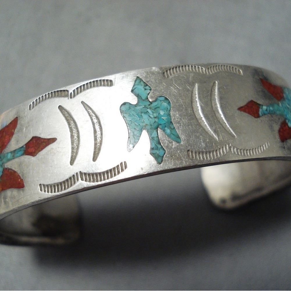 Navajo 925 Sterling Silver Turquoise Coral Inlay Bracelet Native American Cuff
